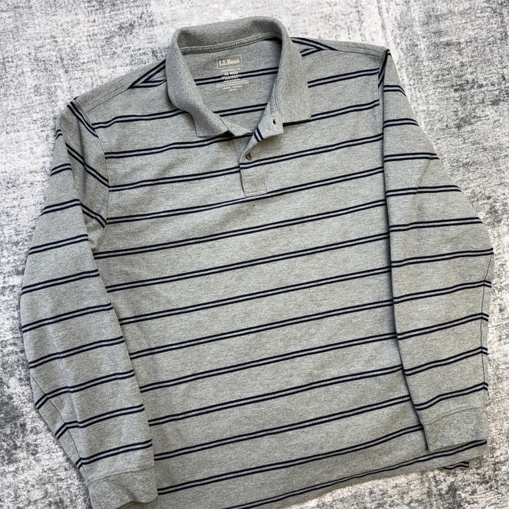 LL Bean Polo Shirt Mens XL Gray Black Striped Long Sleeve Knit Cotton Classic